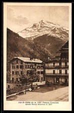 Ala di Stura, Palazzo Comunale sfondo Rocca Mourous, cartolina 