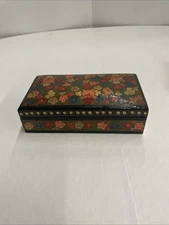 Vintage Hand Painted Indian Lacquerware Floral Trinket Jewelry Box