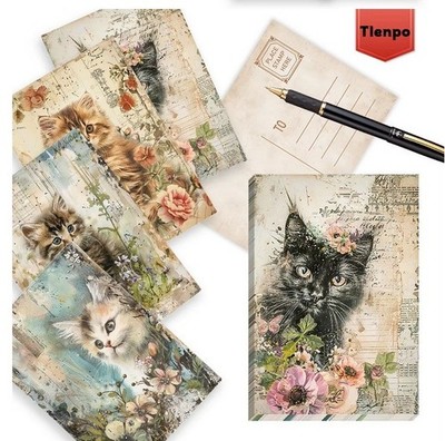 8 zufällige Katze Kunst Postkarten Vintage Stil Kätzchen Blumen Schreibkarten Set