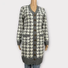 Olive & Oak SMALL Gray White Houndstooth Long Line Boyfriend Cardigan Sweater