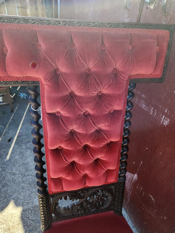 Antique Gothic rare black carved Medieval velvet chair 47” Tall - Image 4 of 4