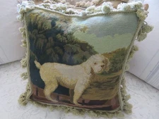 Vintage Aubusson style Petite Point Needlepoint Pillow White FRENCH Poodle