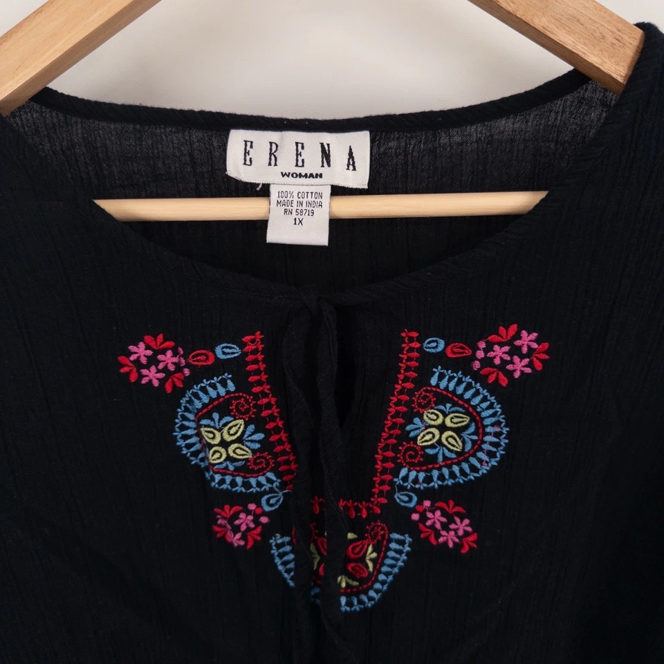Y2K Boho Embroidered Peasant Top Womens 1X Black Long Sleeve Gauzy Cotton Flowy - Image 2 of 4