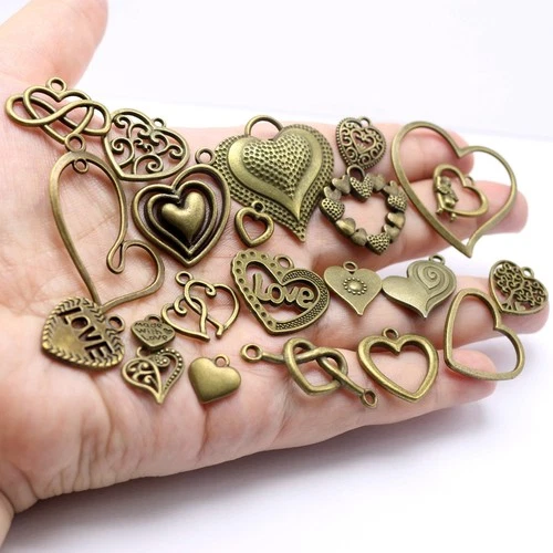 22pcs Bronze Heart Charms - Assorted Alloy Pendants for DIY Jewelry Making
