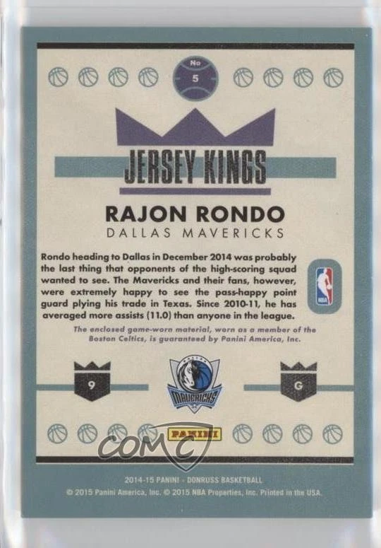 2014-15 Panini Donruss Jersey Kings Prime /20 Rajon Rondo #5 - Image 2 of 2