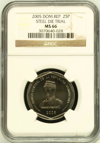 2005 Dom Rep 25 Pesos – Steel Die Trial – NGC MS66 – Ultra Rare! NGC 2/0 TOP POP