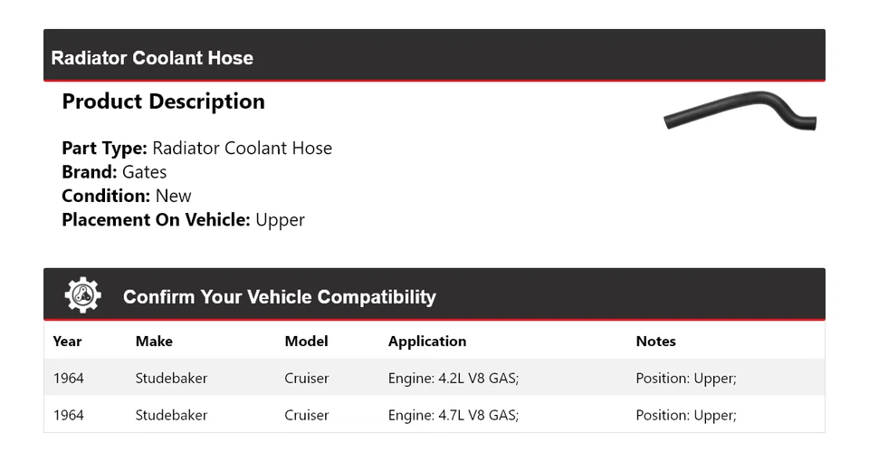 Manguera de refrigerante de radiador Studebaker Cruiser 1964 puertas superiores Foto 2 de 4