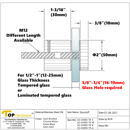 2" Außendurchmesser Treppe Glasschiene runder Abstandsfuß & Kappe für Gewindewand (SO-030) - Bild 28 von 30