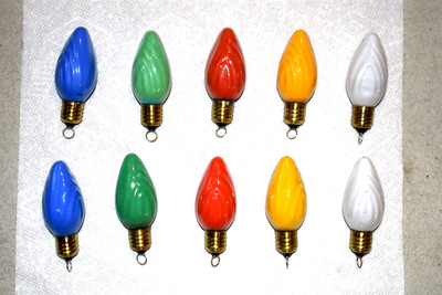 Ten Christmas Light Bulb Ornaments, original MAZDA box, flame, GE, USA, Large C9
