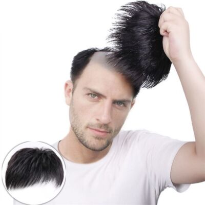Natural Male Toupee Short Wig Synthetic Hairpiece Clip-On Straight Bangs