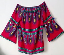 Boo Hoo Red Smock Top - Dress Size 14 Multicoloured Pom Pom Sleeves Womens Aztec