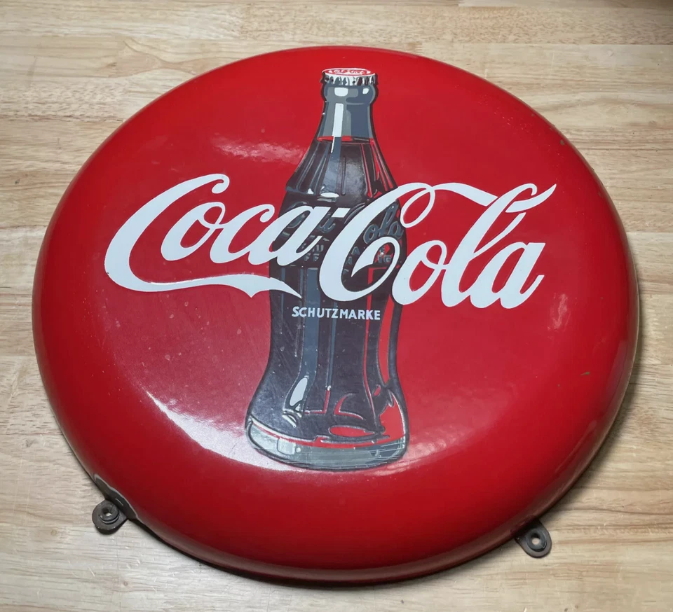 Placa de porcelana rara 1960 Áustria Coca-Cola metal "SCHUTZMARKE" 16" diâmetro cúpula - Imagem 2 de 4