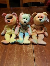  3 Ty Beanie Babies PEACE Pastel Tie Dyed Bears Lot - All Faces Different 