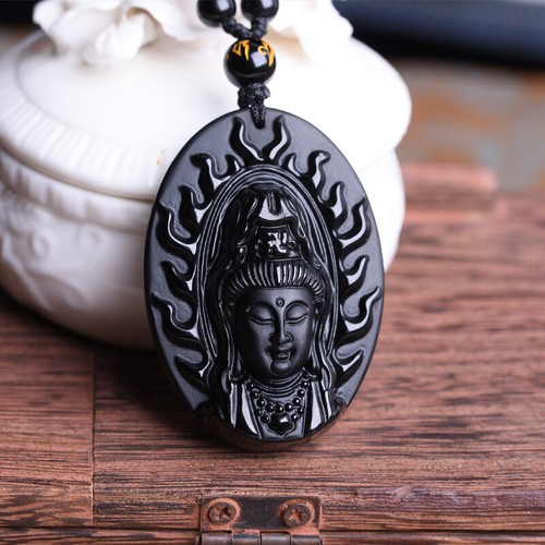 Obsidian Fire Buddha Pendant Obsidian carved Guan Yin Black Jade Jewelry - Picture 1 of 5