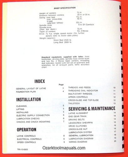 CLAUSING Colchester 15" 8000 Series Metal Lathe Operating & Parts Manual 0152 - Picture 2 of 9