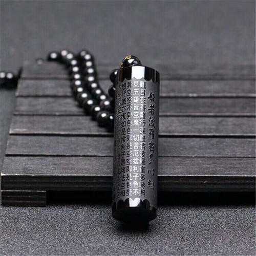 Natural Black Obsidian Buddhism Heart Sutra Pendant Necklace Amulet Gift Jewelry - Picture 3 of 8