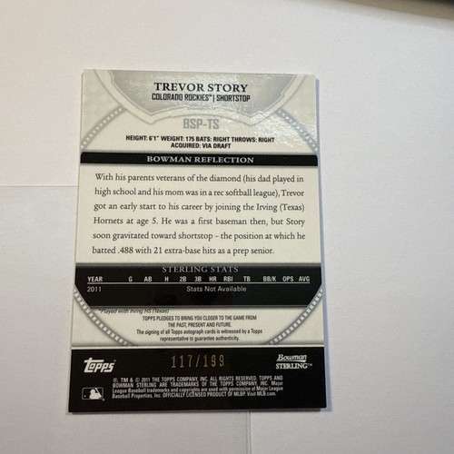 2011 Bowman Sterling Trevor Story /199 Refractor RC AUTO Autograph Red Sox Rare - Picture 2 of 2