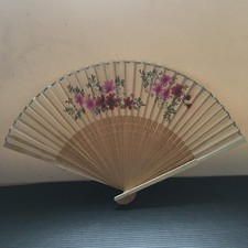 Vintage 1970s Chinese Hand-Painted Floral Bamboo Folding Fan 9"L