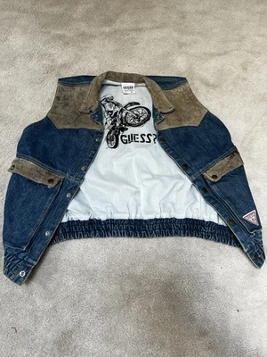 Vintage Guess Georges Marciano Denim Vest Two Tone Leather 80s Size Medium Mcfly - Image 1 of 4