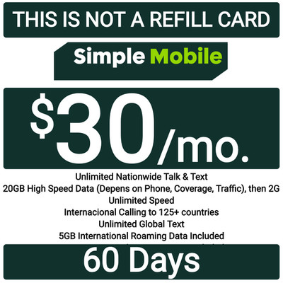 Simple Mobile Prepaid $30 Plan For 60 DAYS Unlt'd Talk/Text/5GB Data ($60 VALUE)