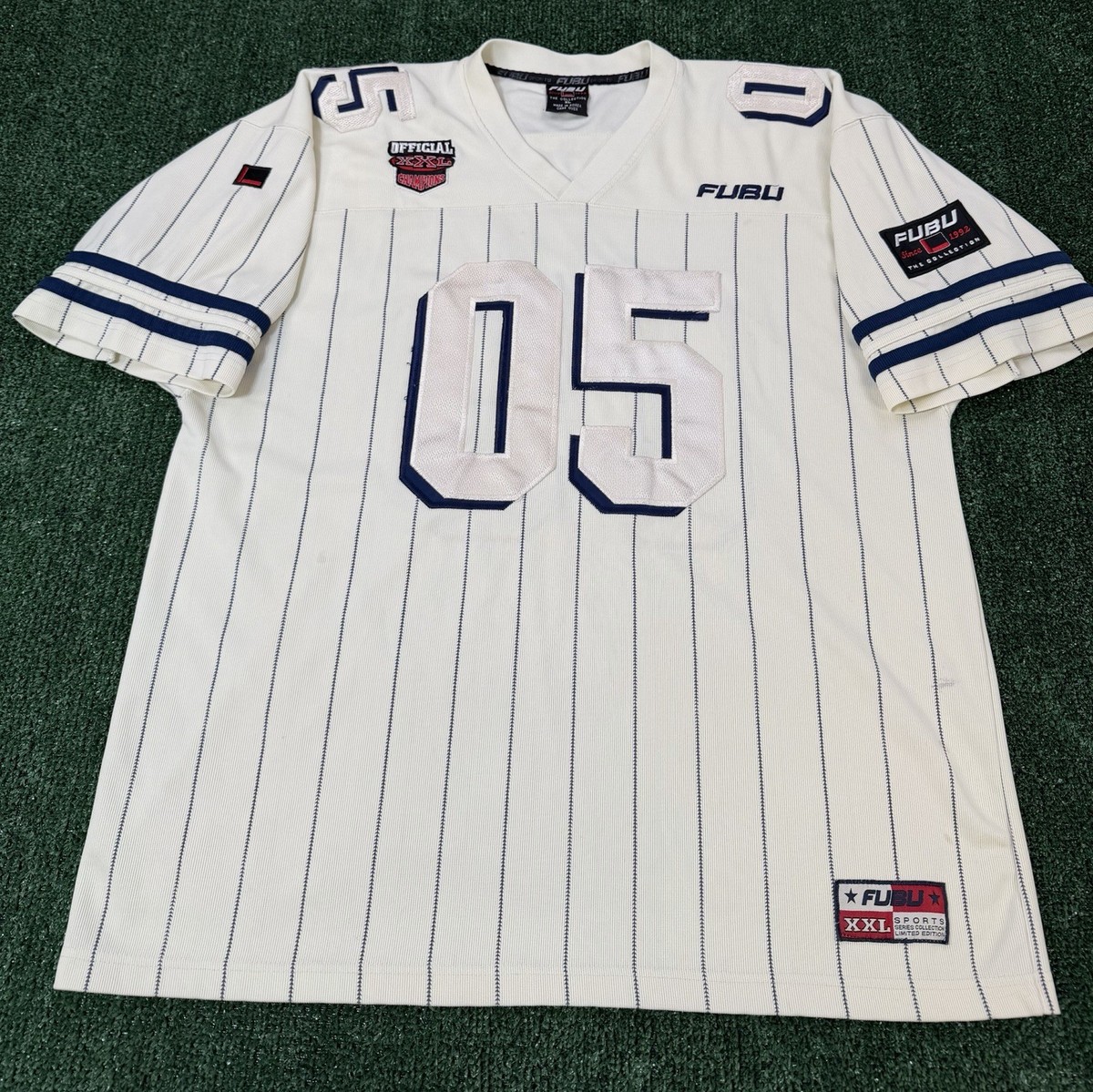 VTG FUBU 05 Jersey Ivory Cream Navy Pinstripe Football Hip Hop