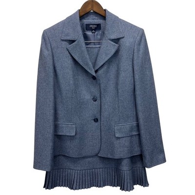VTG 90s Jones Wear Womens Two Piece Suit Blazer Skirt Set Blue Herringbone Sz 14