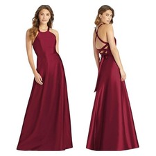 ALFRED SUNG Halter Lace-Up Back Satin Twill Gown In Burgundy Size 14