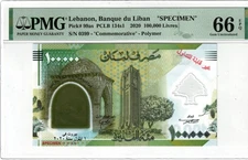 2020 Lebanon 100000 Lira Banknote Polymer UNC P99 pclb134 SPECIMEN PMG #399