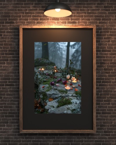 Pagan Forest Altar Candles And Roses On Mossy Stone Nature Ritual Art Print - Picture 4 of 5