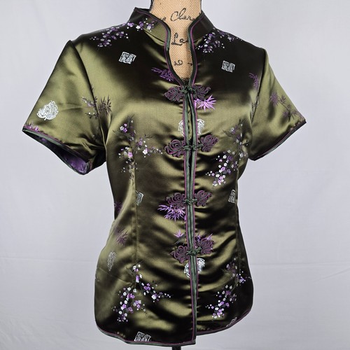 Shanghai Soho Blouse Womens L Olive Green Satin Floral Frog Button Cheongsam Top