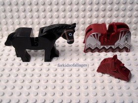 Lego Black Horse w/Barding 2490pb04 Dark Red w/Scorpions (8777 Vladek Encounter)