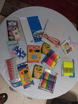 Lot Of School Supplies, Crayons, Markers, Paper, Glue, Badge Holders, Pencils