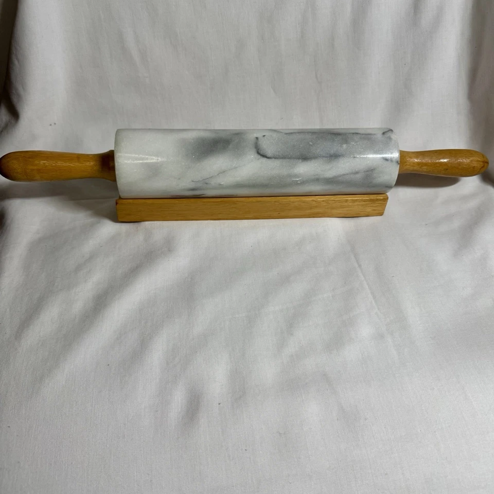 Two 10 Inch Barrel Marble Rolling Pins with One Wooden Cradle Base - Image 3 of 4