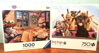 Puzzle Lot (2)  1000pc & 750pc Complete! Dog Days & Cozy Place.