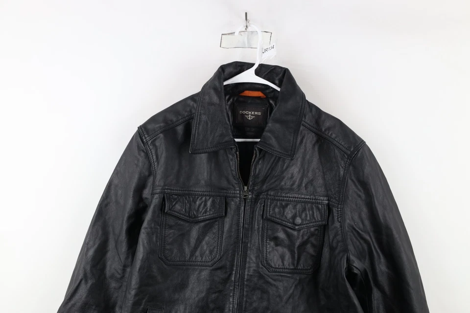 Vintage Dockers Mens XL Distressed Leather Quilted Full Zip Bomber Jacket Black - Image 2 of 4