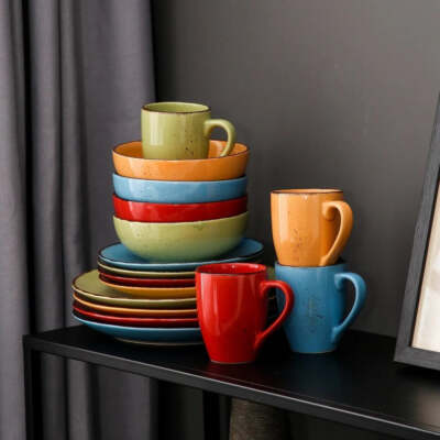 Geschirr Set Retro 4/8/12 Personen Bunt Steingut Tafelservice 16/32/48-tlg navia