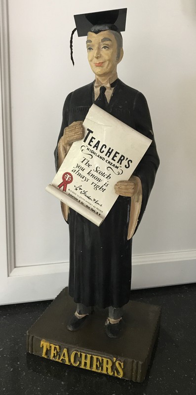 Large VINTAGE Teachers Scotch 1930s 40s era Whisky Schoolmaster pub Figure Grad