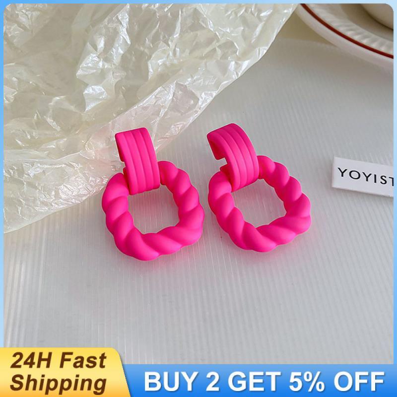 Rose Red Square Earrings Fluorescent Color Geometric Earings Candy Color For Wom