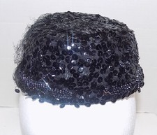 Vintage Black Beaded Sequin Caplet Cap Hat Veil Pillbox