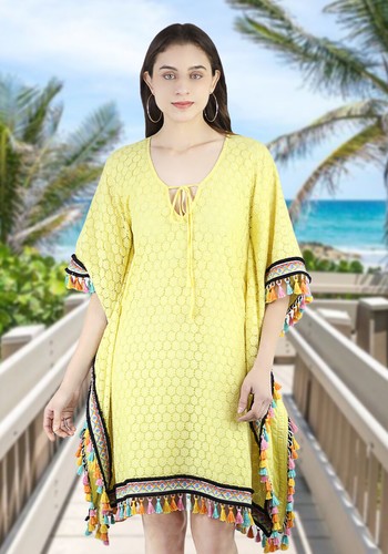 Artyska Women's Short Kaftan Dress With Lace and Tassel - Picture 1 of 6