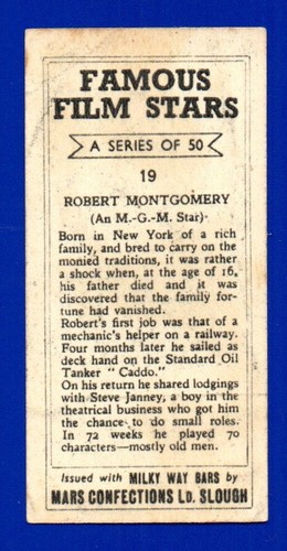 ROBERT MONTGOMERY 1939 MARS CONFECTIONS FAMOUS FILM STARS #19 VERY GOOD - Picture 2 of 2