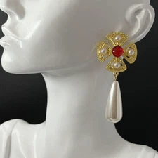 Cross Earrings Faux Pearl Dangle Drop Gold Red Mogul Pierced
