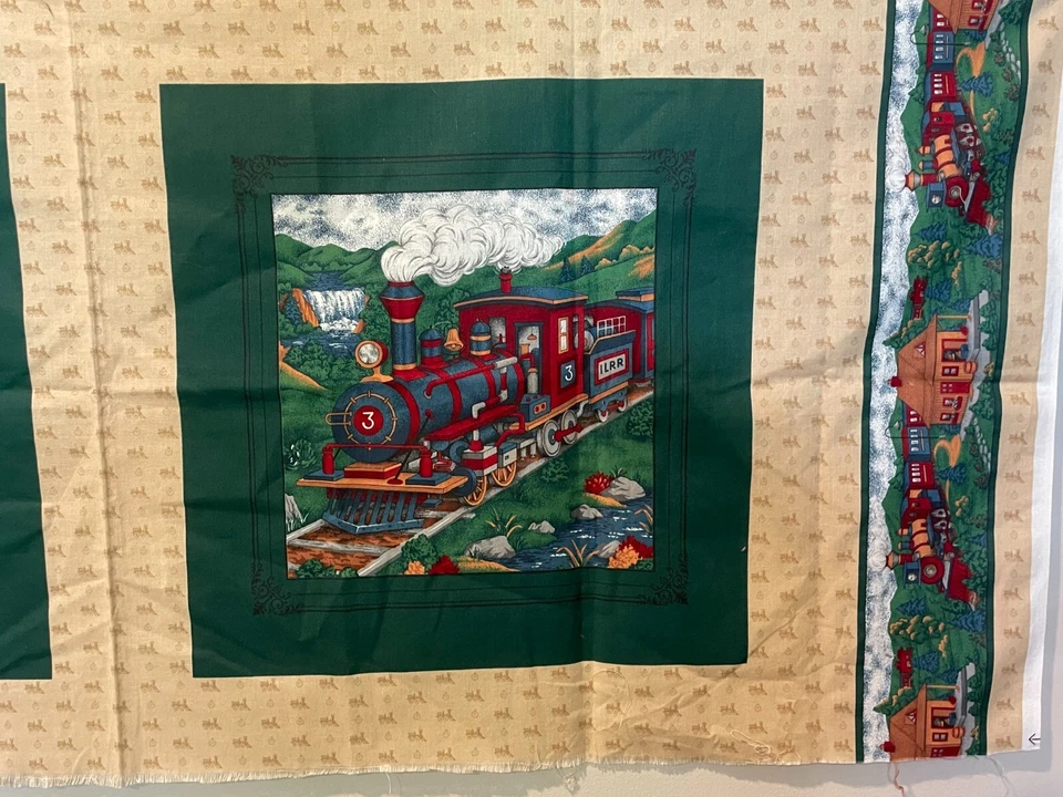 Edredón acolchado de tela de tren vintage panel cuadrado 2 máquina de vapor Cranston VIP Foto 3 de 4