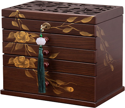 Hand-Drawn Rose Jewelry Box Wood for Wowen,5-Layer Wooden Jewelry Organizer Boxe