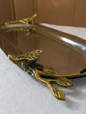 Hammered Stainless Steel Oval Tray w/ Goldtone Birds & Branches 