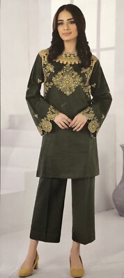Pakistanischer Designer ungesteppter Goldpaste Printe Khaddar Anzug Original Limette hell