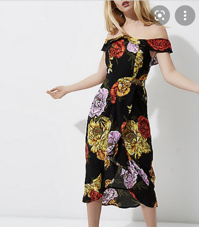 River Island Black Floral Print Bardot Wrap MIDI Ruffle Dress UK