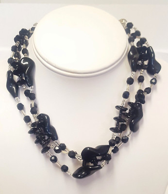 MIRIAM HASKELL Black Clear Glass Bead 3 Strand Necklace Flower Hook Clasp Vtg