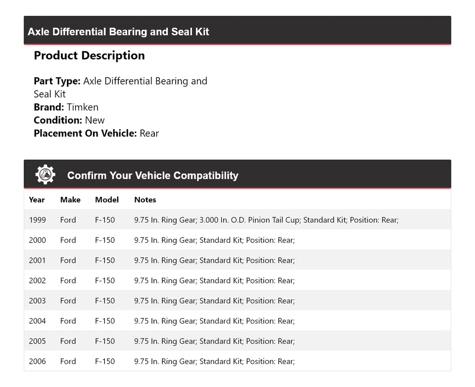 Kit de cojinete y sello diferencial eje trasero Timken 2000 para Ford F-150 1999-2006 Foto 2 de 3