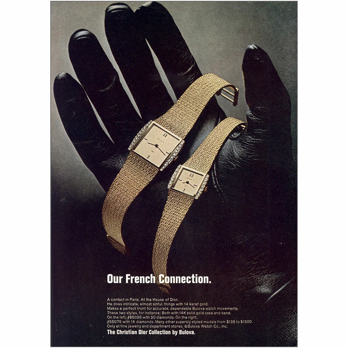Montre Bulova 1973 : Christian Dior French Connection annonce imprimée vintage